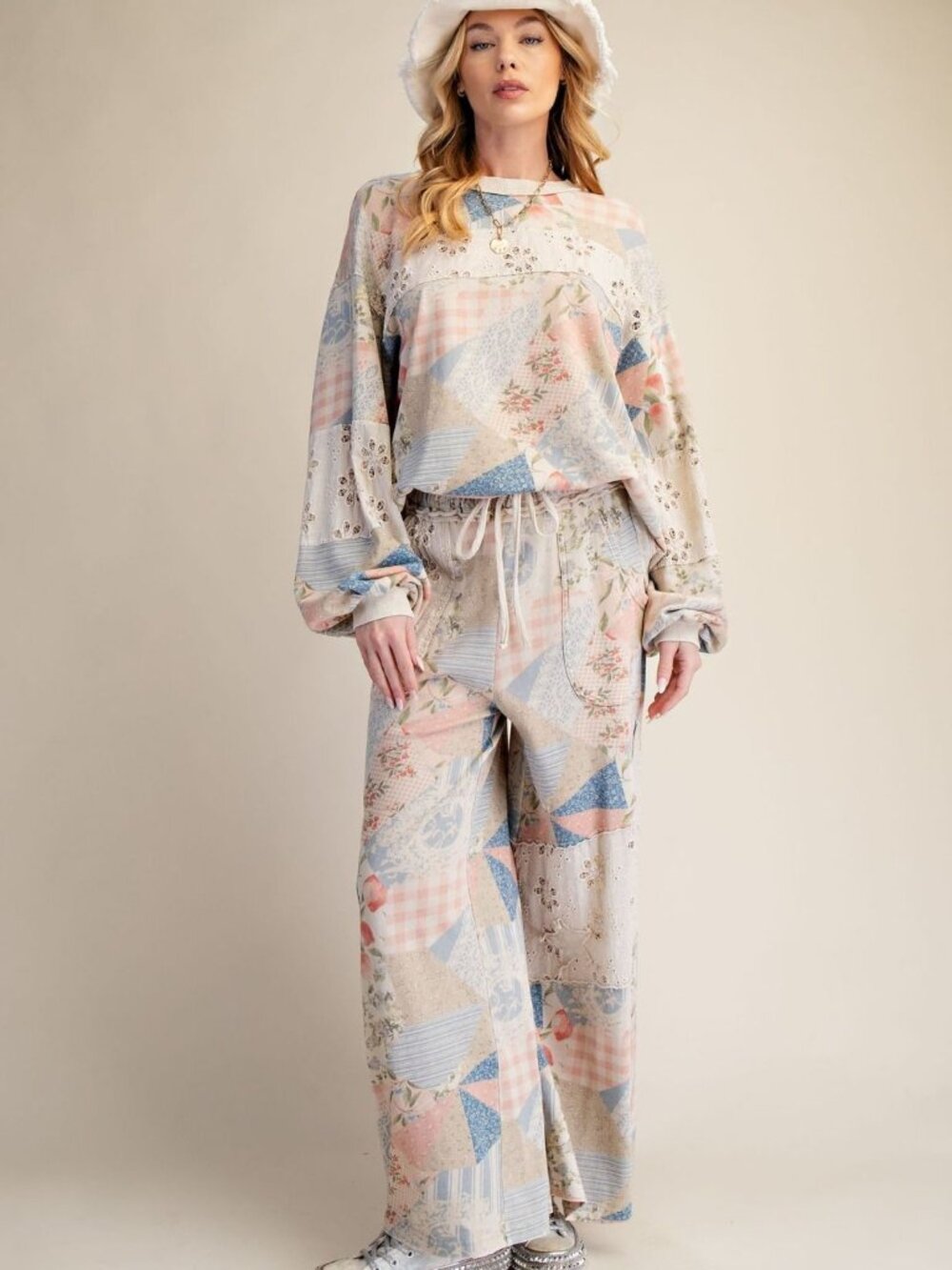 EASEL PATCHWORK PRINT WASHED COTTON TERRY TOP PANTS SET